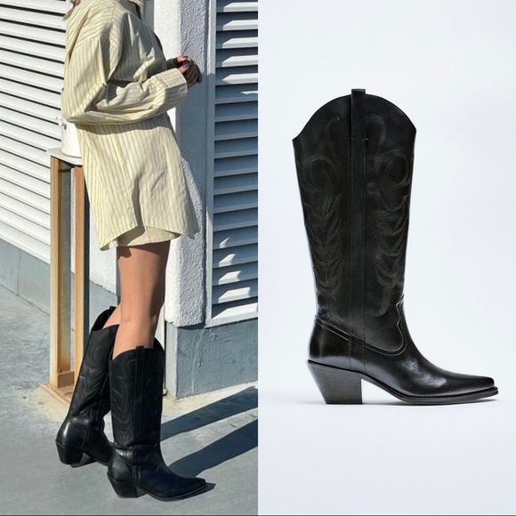 Zara Shoes New Zara Knee High Leather Cowboy Boots Poshmark